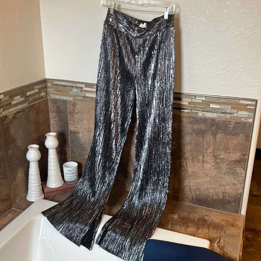 Vici Metallic Pleated Straight Leg Jumpsuit Pants in Silver Black